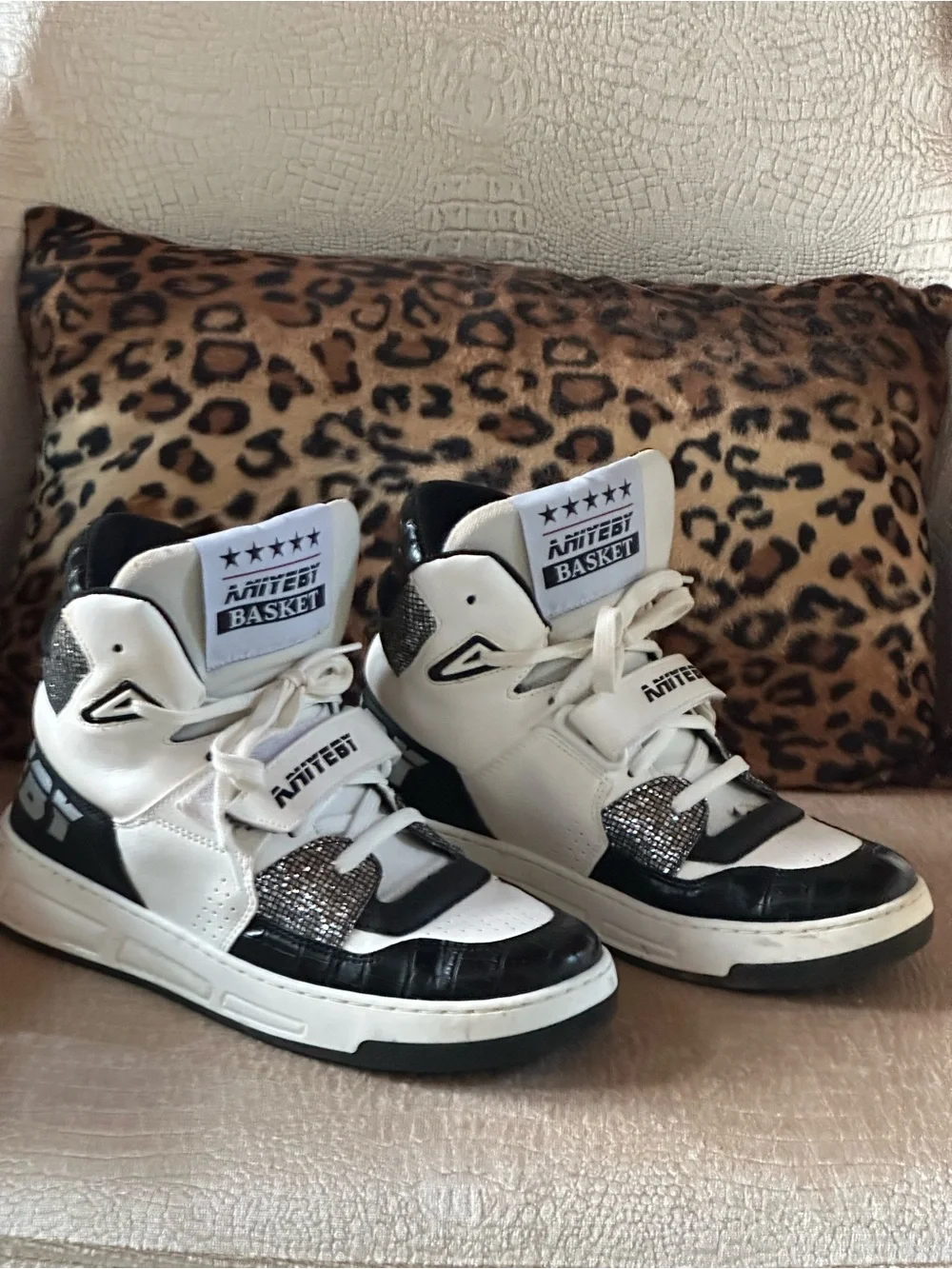 Aniyeby Baket White and Black Silver Sparkle High-Top Sneakers